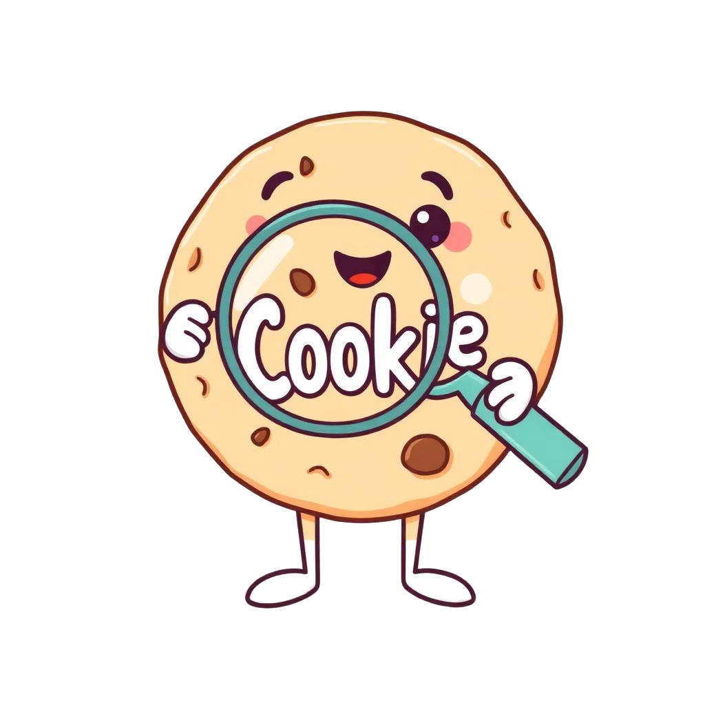 Friendly cookie mascot inspecting a website with a magnifying glass